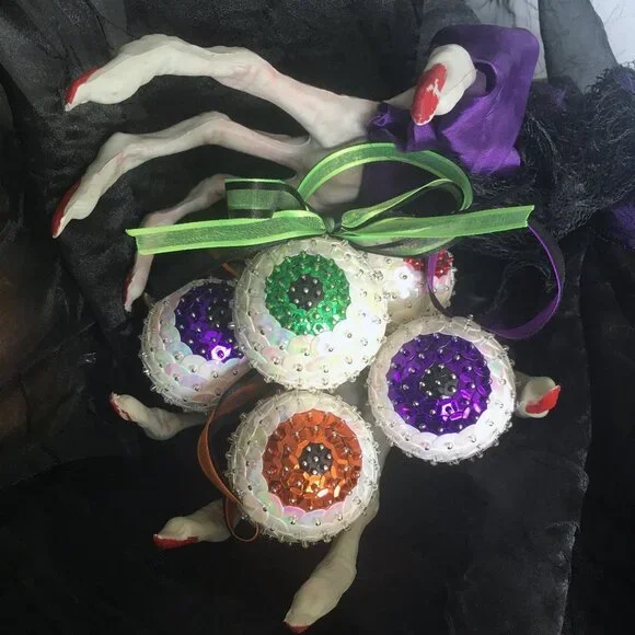 Christmas Eyeball Ornament Glam Sparkle Sequin Beaded Halloween OOAK Purple